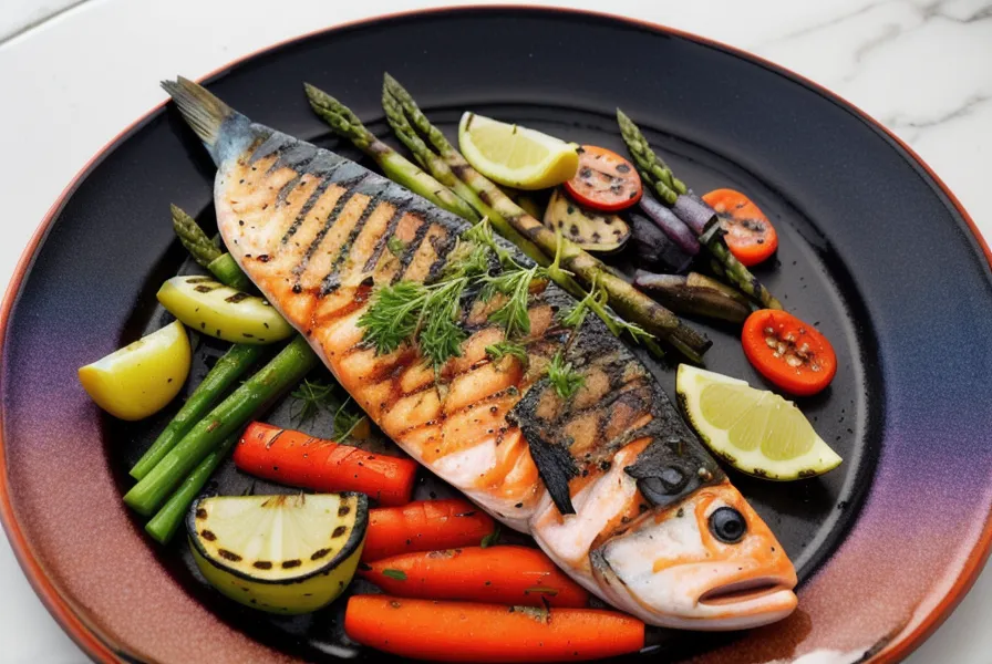 Assiette équilibrée au restaurant avec du poisson grillé et des légumes frais.