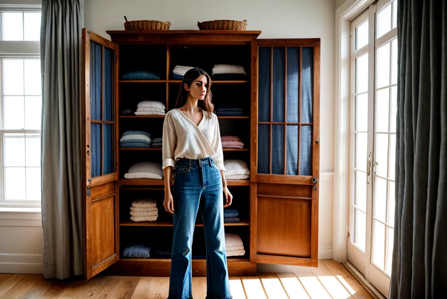 Femme comparant sa silhouette avec un jean d'avant-grossesse dans sa chambre.