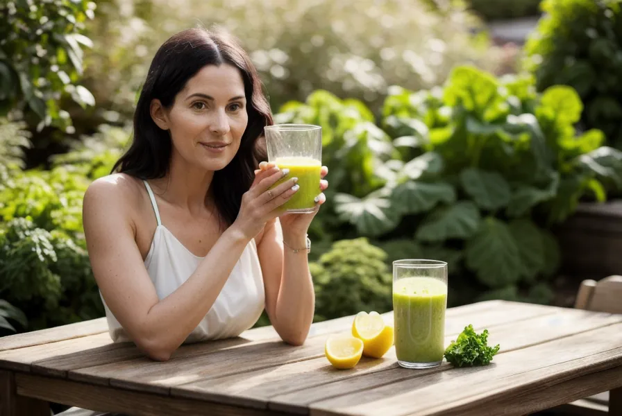 Verre de smoothie aux baies pendant une pause en famille, symbole d'une relance minceur durable