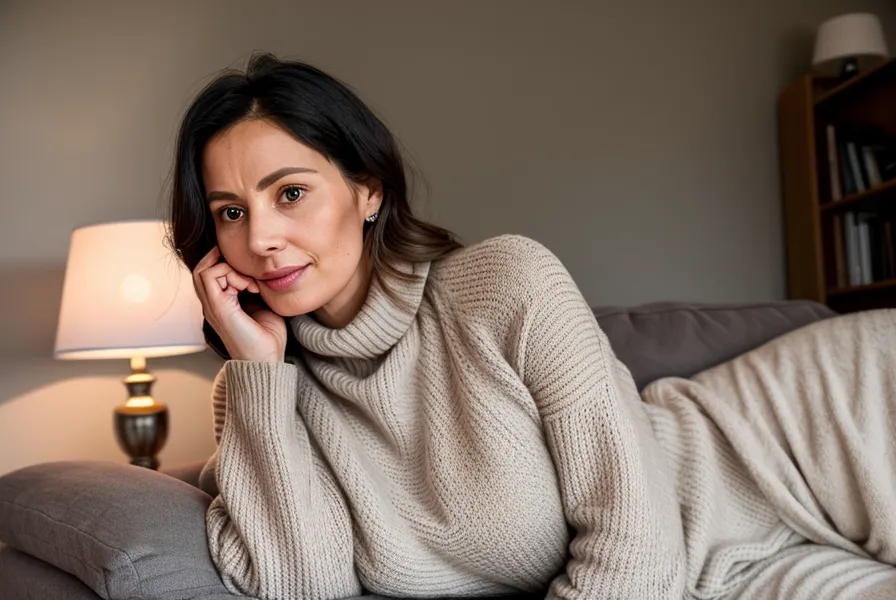 Femme assise sur un canapé les mains posées sur un pull doux en soirée