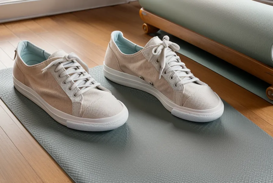 Baskets et tapis de sport rangés sous un canapé dans un salon familial.