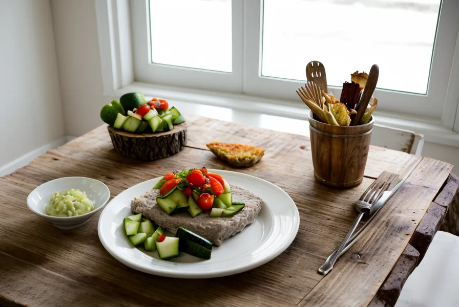 Assiette équilibrée sur une table en bois avec une main d'enfant à côté.