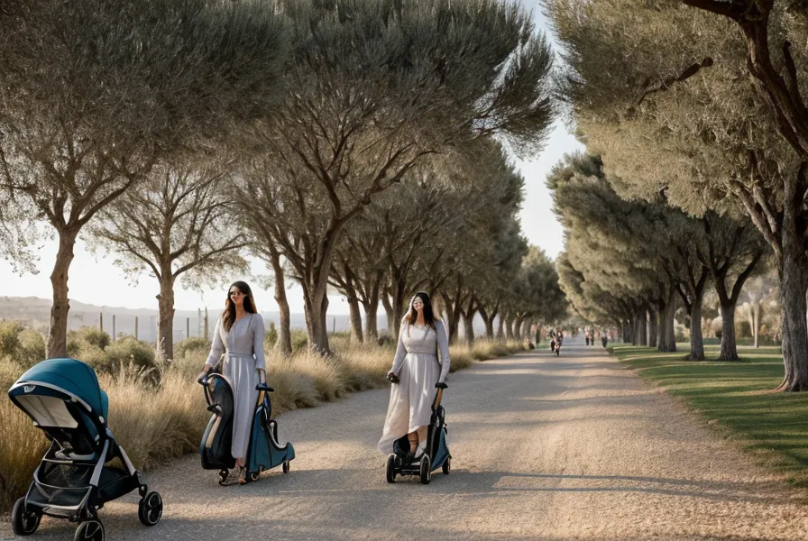 Femme marchant avec une poussette dans un parc ensoleillé à Montpellier.