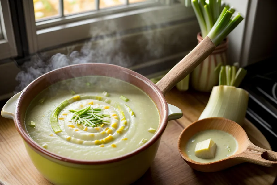 Soupe de poireaux maison fumante dans une cuisine familiale