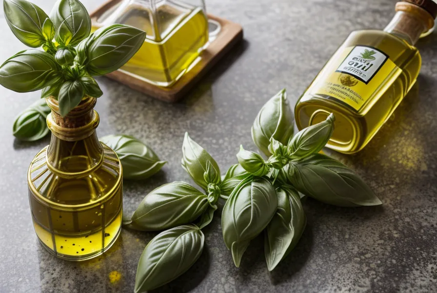 Basilic frais et huile d'olive sur un plan de travail