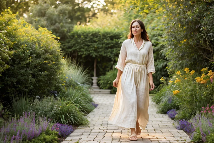 Femme marchant dans un jardin ensoleillé en juin