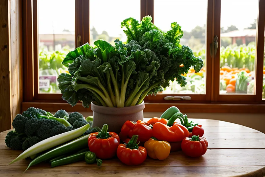 Légumes frais du marché sur une table de cuisine en bois sous le soleil.