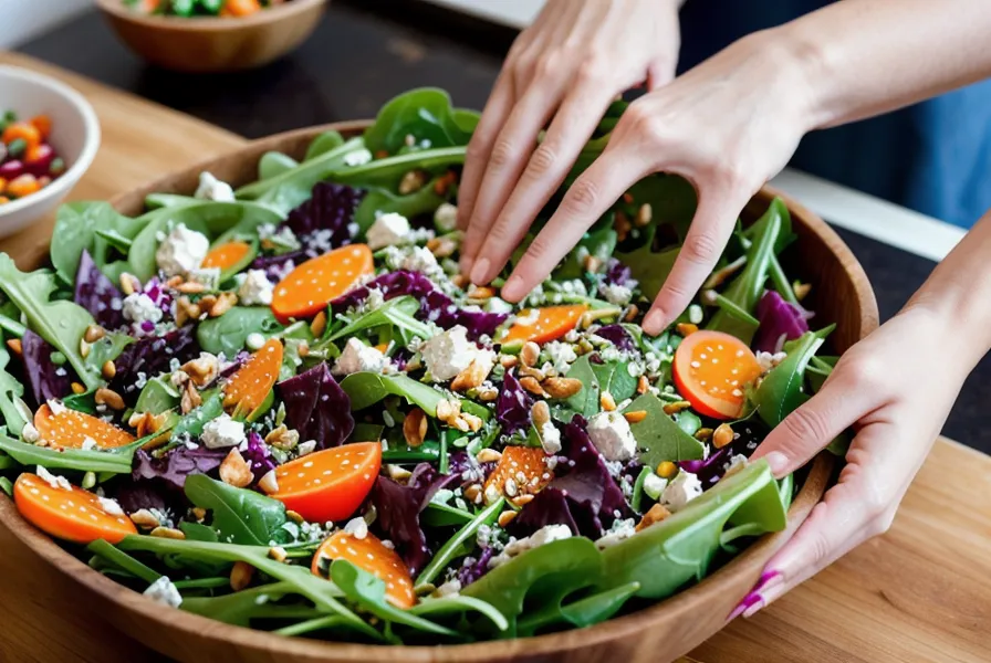 Mains préparant une salade saine et colorée riche en nutriments