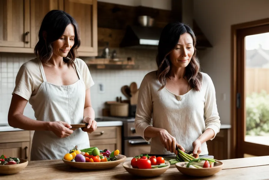 Table de dîner familiale chaleureuse avec un plat maison, repère d'une méthode minceur sans frustration pour maman active