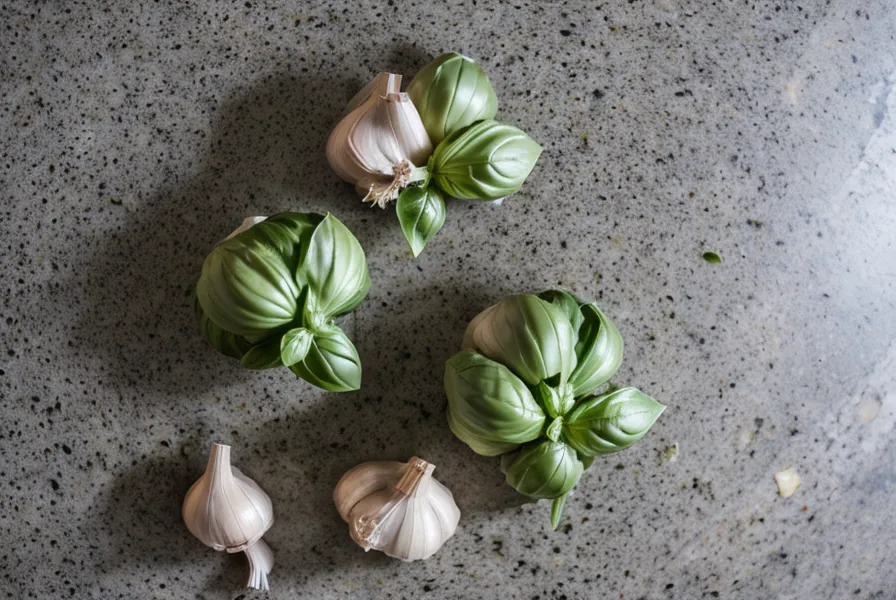 Gros plan sur du basilic frais et de l'ail pour préparer un dîner rapide