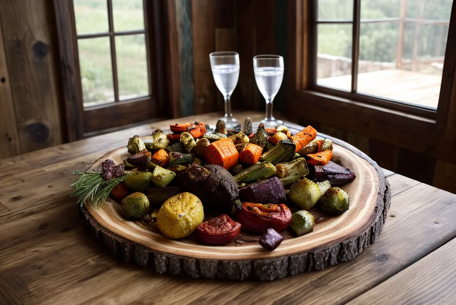 Plat de légumes rôtis et verre d'eau sur une table en bois, exemple de repas satisfaisant sans compter les calories pour une perte de poids durable